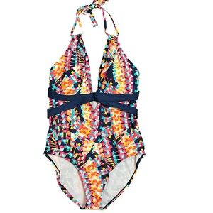 Cleanwater Vibrant Mosaic Women’s One Piece Swimsuit Deep V-neck Tie Halter XL